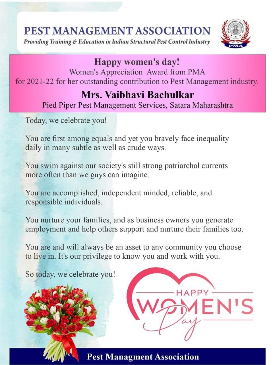 PMA Women's Day press coverage — Pied Pipper Pest Management